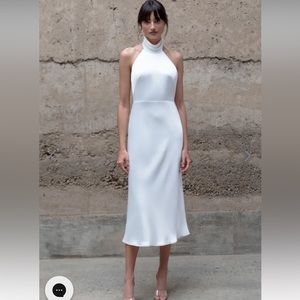 Jenny Yoo white rehearsal dinner dress satin midi